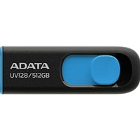 ADATA UV128 512GB USB 3.2 Gen 1 flash drive in black and blue design. ADATA UV128 512GB USB 3.2 Gen 1 flash drive in black and blue design.